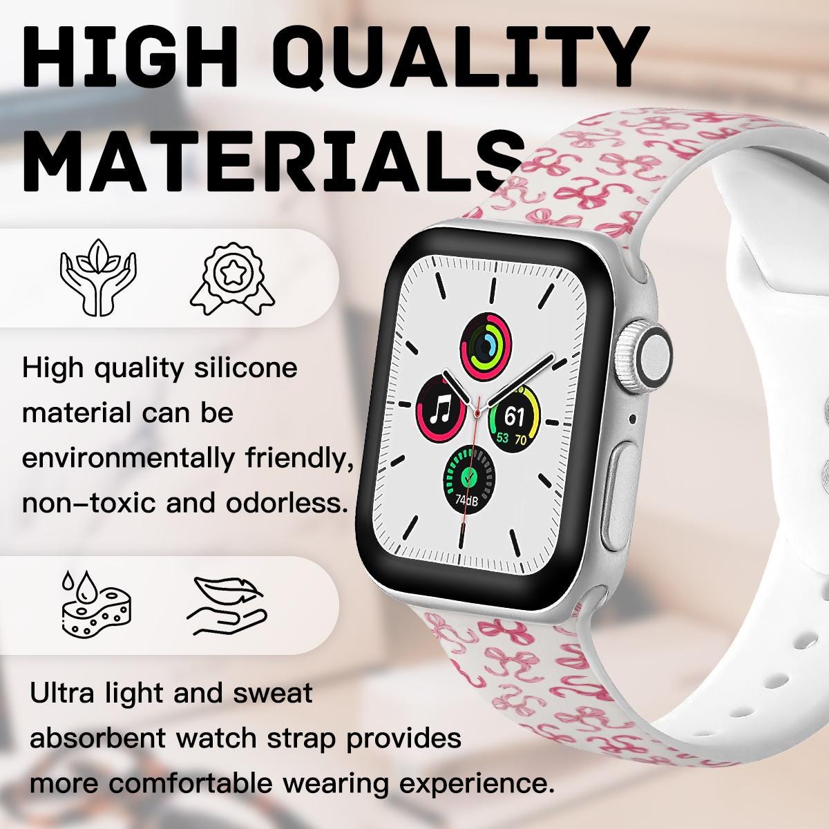 Pink bows preppy Watch Band Apple Watch Band for 38mm 40mm 41mm 42mm 44mm Silicone Apple Watch Strap womens custom coquette band